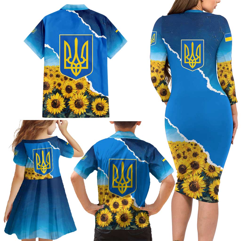 Ukraine Pride Family Matching Long Sleeve Bodycon Dress and Hawaiian Shirt Map, Flag & Tryzub with Sunflower Field Patriotic
