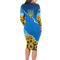 Ukraine Pride Family Matching Long Sleeve Bodycon Dress and Hawaiian Shirt Map, Flag & Tryzub with Sunflower Field Patriotic