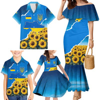 Ukraine Pride Family Matching Mermaid Dress and Hawaiian Shirt Map, Flag & Tryzub with Sunflower Field Patriotic