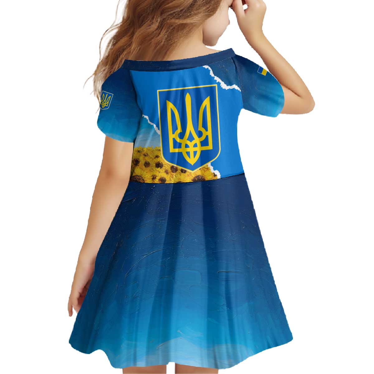 Ukraine Pride Family Matching Off The Shoulder Long Sleeve Dress and Hawaiian Shirt Map, Flag & Tryzub with Sunflower Field Patriotic
