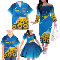Ukraine Pride Family Matching Off The Shoulder Long Sleeve Dress and Hawaiian Shirt Map, Flag & Tryzub with Sunflower Field Patriotic