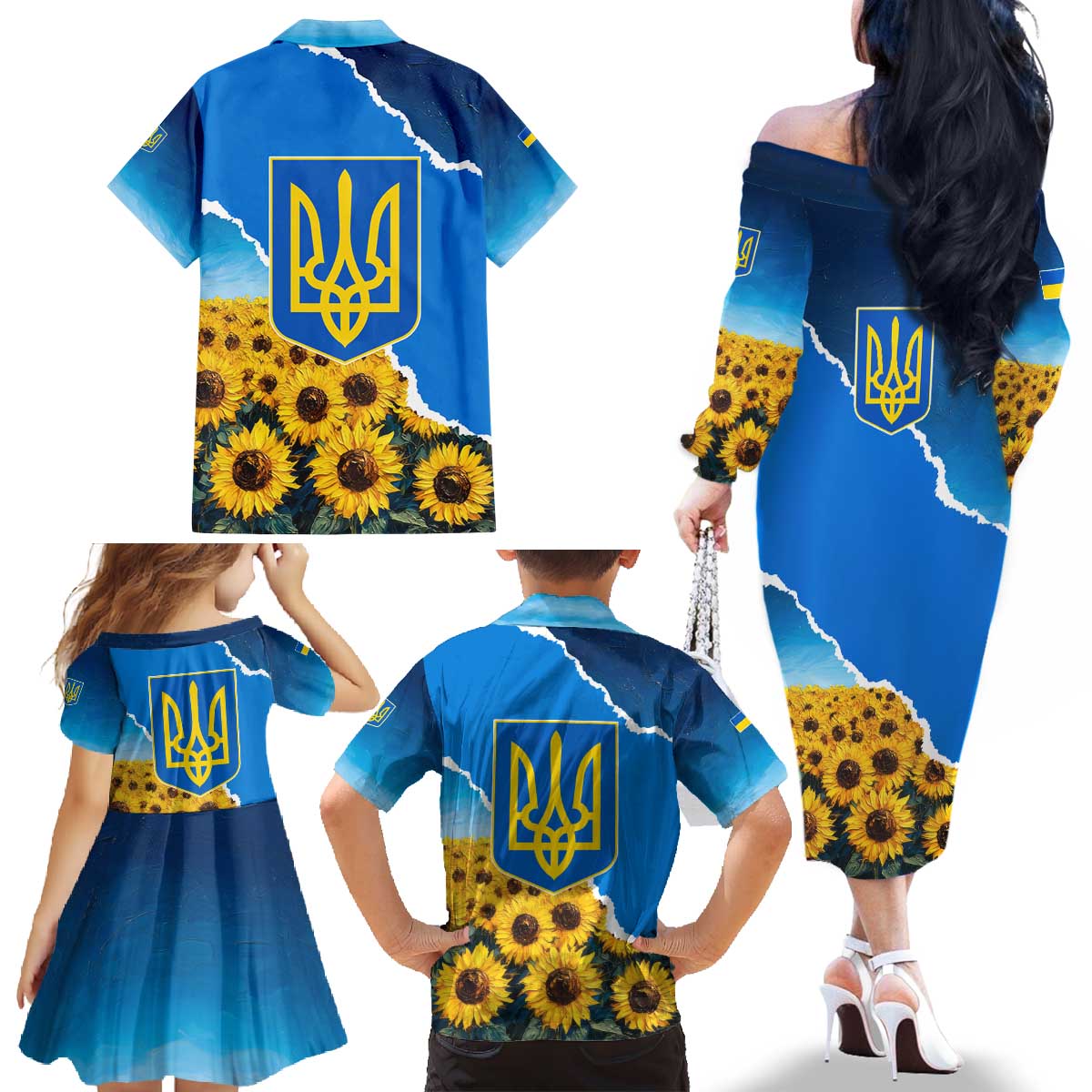 Ukraine Pride Family Matching Off The Shoulder Long Sleeve Dress and Hawaiian Shirt Map, Flag & Tryzub with Sunflower Field Patriotic