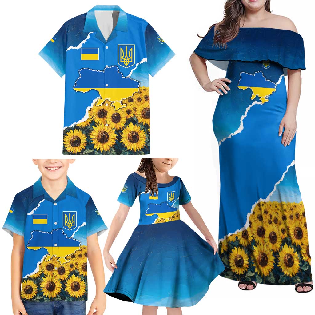 Ukraine Pride Family Matching Off Shoulder Maxi Dress and Hawaiian Shirt Map, Flag & Tryzub with Sunflower Field Patriotic
