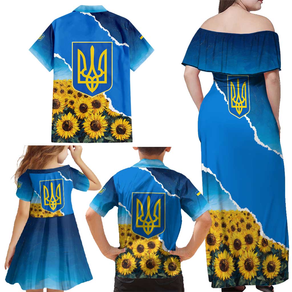 Ukraine Pride Family Matching Off Shoulder Maxi Dress and Hawaiian Shirt Map, Flag & Tryzub with Sunflower Field Patriotic