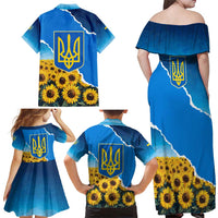Ukraine Pride Family Matching Off Shoulder Maxi Dress and Hawaiian Shirt Map, Flag & Tryzub with Sunflower Field Patriotic