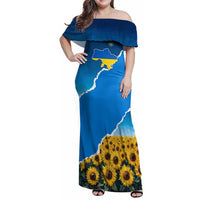 Ukraine Pride Family Matching Off Shoulder Maxi Dress and Hawaiian Shirt Map, Flag & Tryzub with Sunflower Field Patriotic