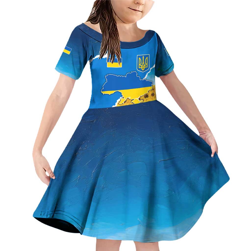 Ukraine Pride Family Matching Off Shoulder Short Dress and Hawaiian Shirt Map, Flag & Tryzub with Sunflower Field Patriotic