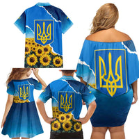 Ukraine Pride Family Matching Off Shoulder Short Dress and Hawaiian Shirt Map, Flag & Tryzub with Sunflower Field Patriotic