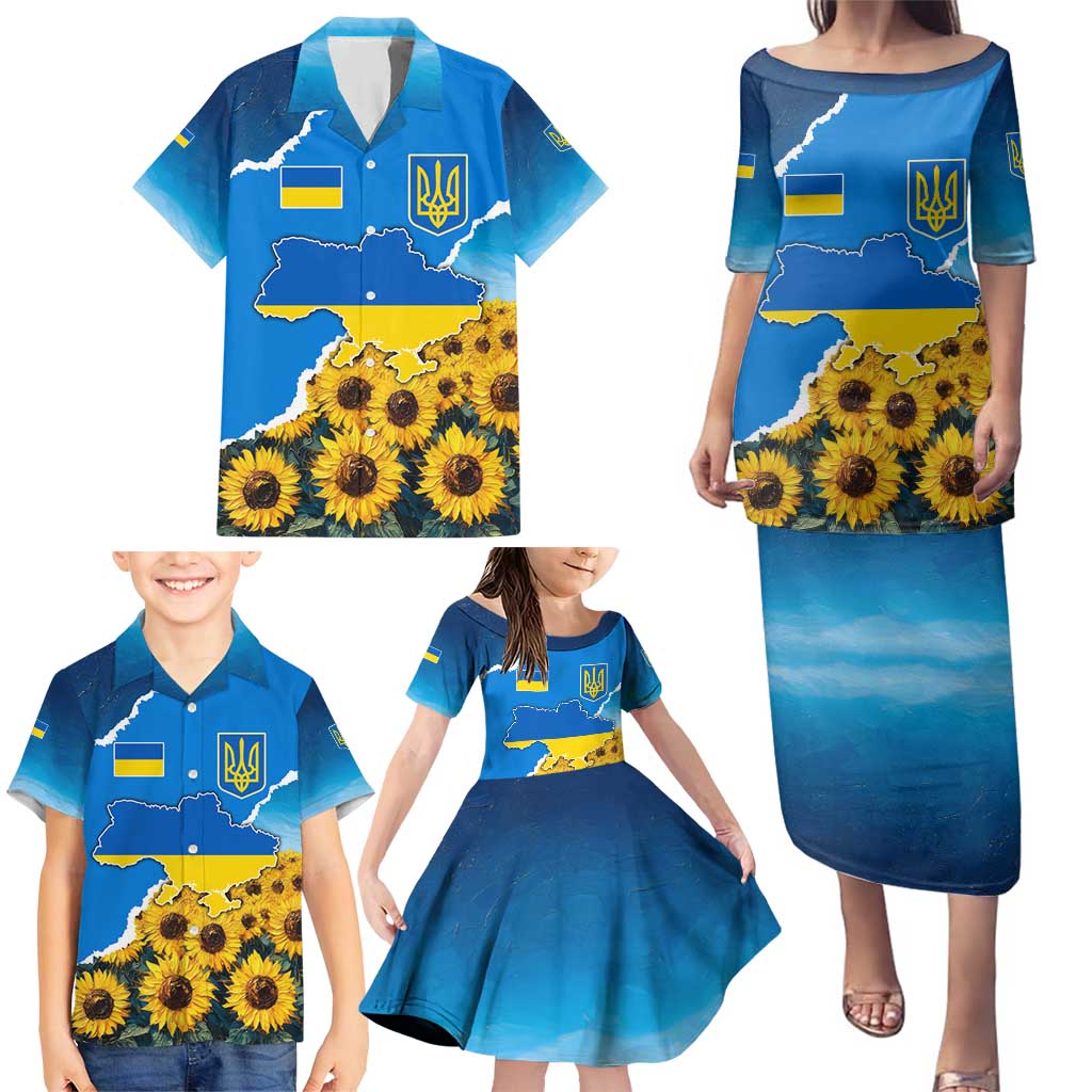 Ukraine Pride Family Matching Puletasi and Hawaiian Shirt Map, Flag & Tryzub with Sunflower Field Patriotic