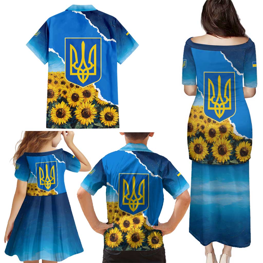 Ukraine Pride Family Matching Puletasi and Hawaiian Shirt Map, Flag & Tryzub with Sunflower Field Patriotic