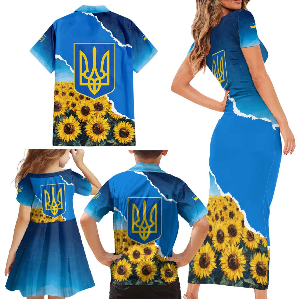 Ukraine Pride Family Matching Short Sleeve Bodycon Dress and Hawaiian Shirt Map, Flag & Tryzub with Sunflower Field Patriotic