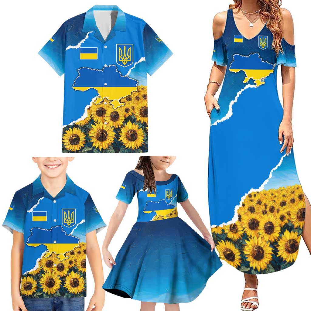 Ukraine Pride Family Matching Summer Maxi Dress and Hawaiian Shirt Map, Flag & Tryzub with Sunflower Field Patriotic