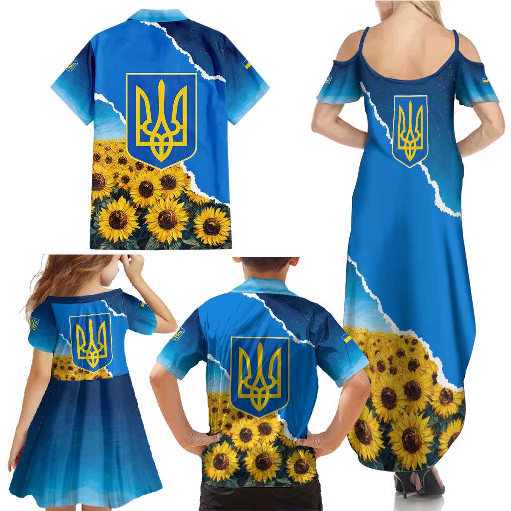 Ukraine Pride Family Matching Summer Maxi Dress and Hawaiian Shirt Map, Flag & Tryzub with Sunflower Field Patriotic