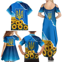 Ukraine Pride Family Matching Summer Maxi Dress and Hawaiian Shirt Map, Flag & Tryzub with Sunflower Field Patriotic
