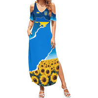 Ukraine Pride Family Matching Summer Maxi Dress and Hawaiian Shirt Map, Flag & Tryzub with Sunflower Field Patriotic