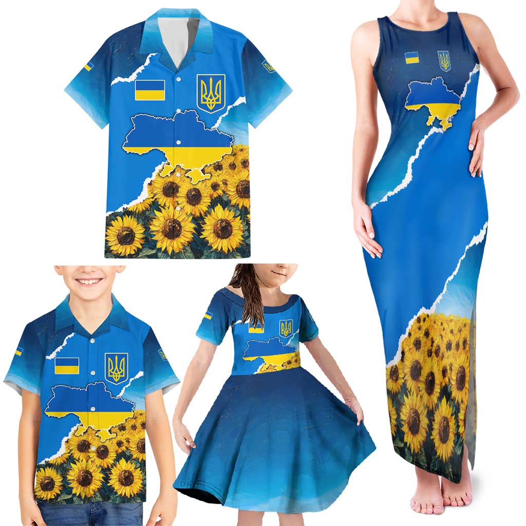 Ukraine Pride Family Matching Tank Maxi Dress and Hawaiian Shirt Map, Flag & Tryzub with Sunflower Field Patriotic