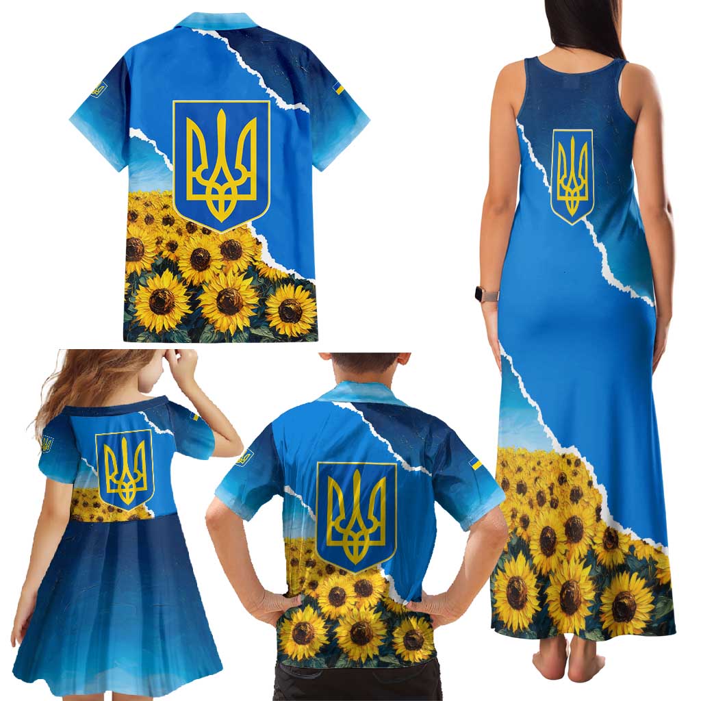 Ukraine Pride Family Matching Tank Maxi Dress and Hawaiian Shirt Map, Flag & Tryzub with Sunflower Field Patriotic