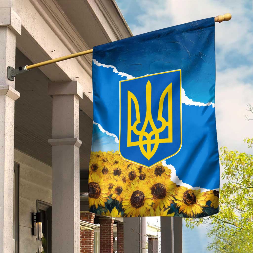 Ukraine Pride Garden Flag Map, Flag & Tryzub with Sunflower Field Patriotic