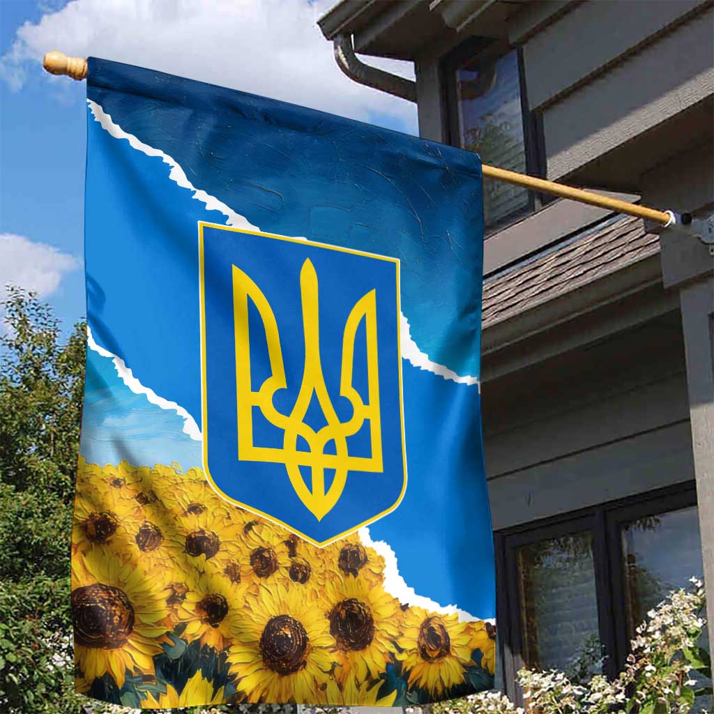 Ukraine Pride Garden Flag Map, Flag & Tryzub with Sunflower Field Patriotic