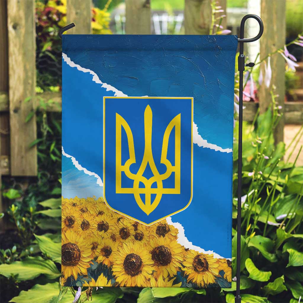 Ukraine Pride Garden Flag Map, Flag & Tryzub with Sunflower Field Patriotic