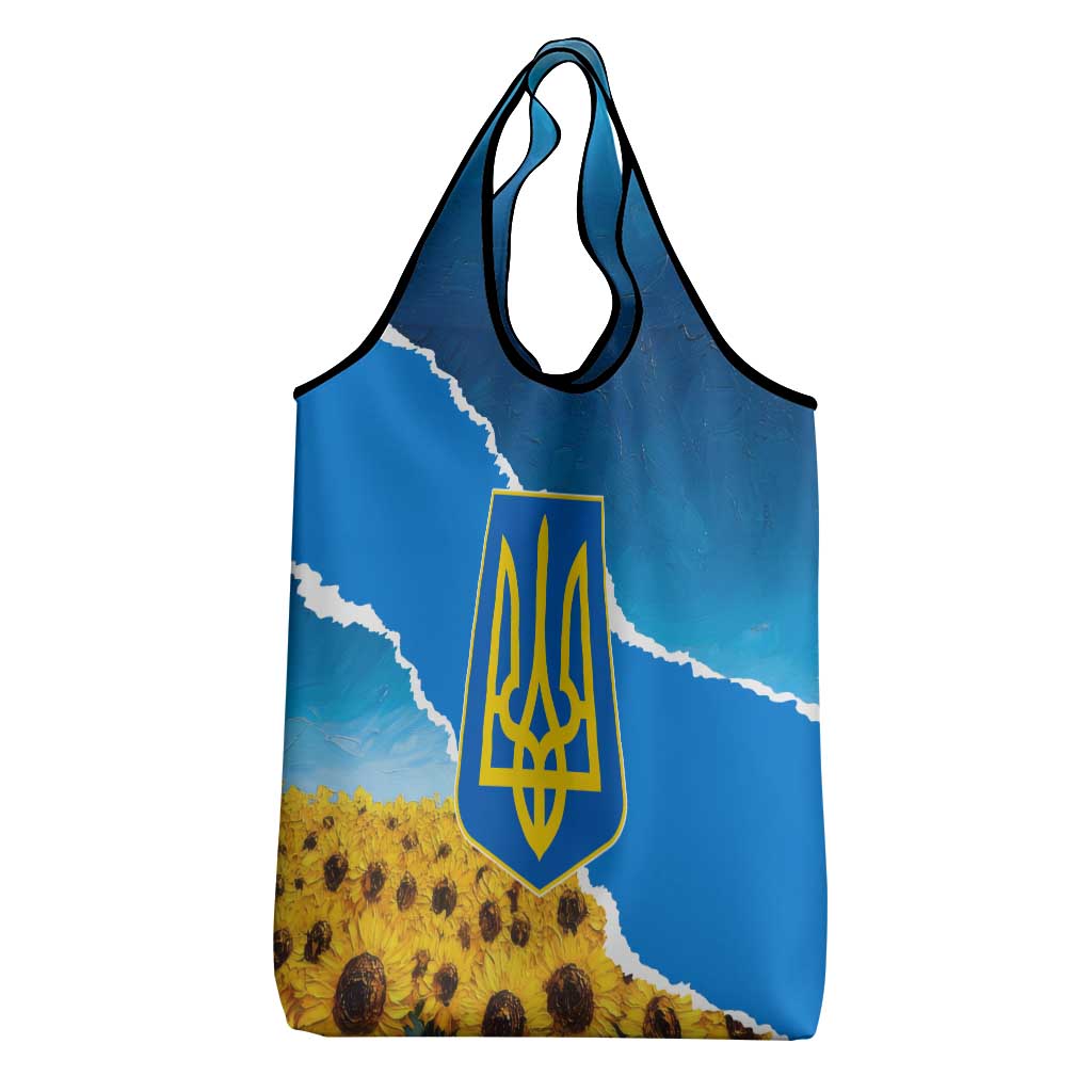 Ukraine Pride Grocery Bag Map, Flag & Tryzub with Sunflower Field Patriotic