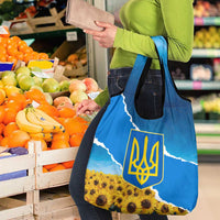Ukraine Pride Grocery Bag Map, Flag & Tryzub with Sunflower Field Patriotic