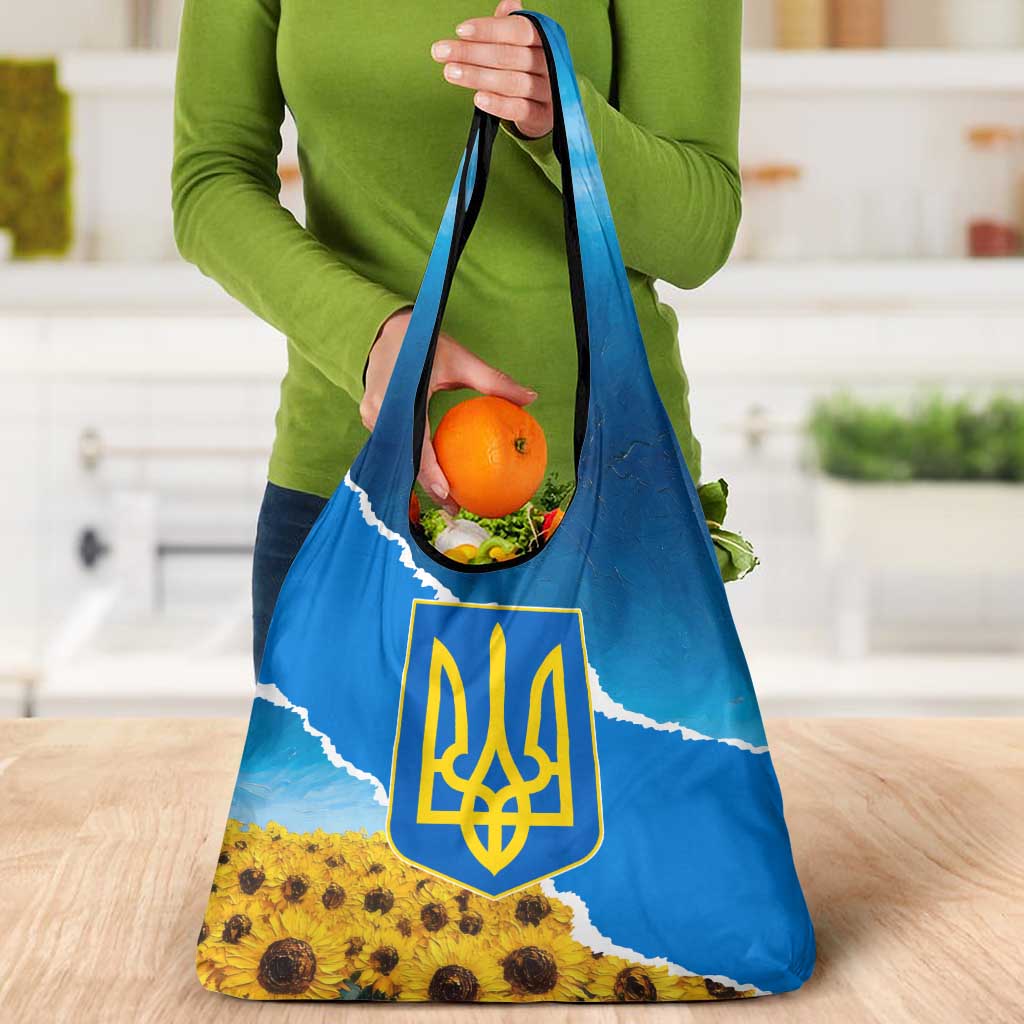 Ukraine Pride Grocery Bag Map, Flag & Tryzub with Sunflower Field Patriotic
