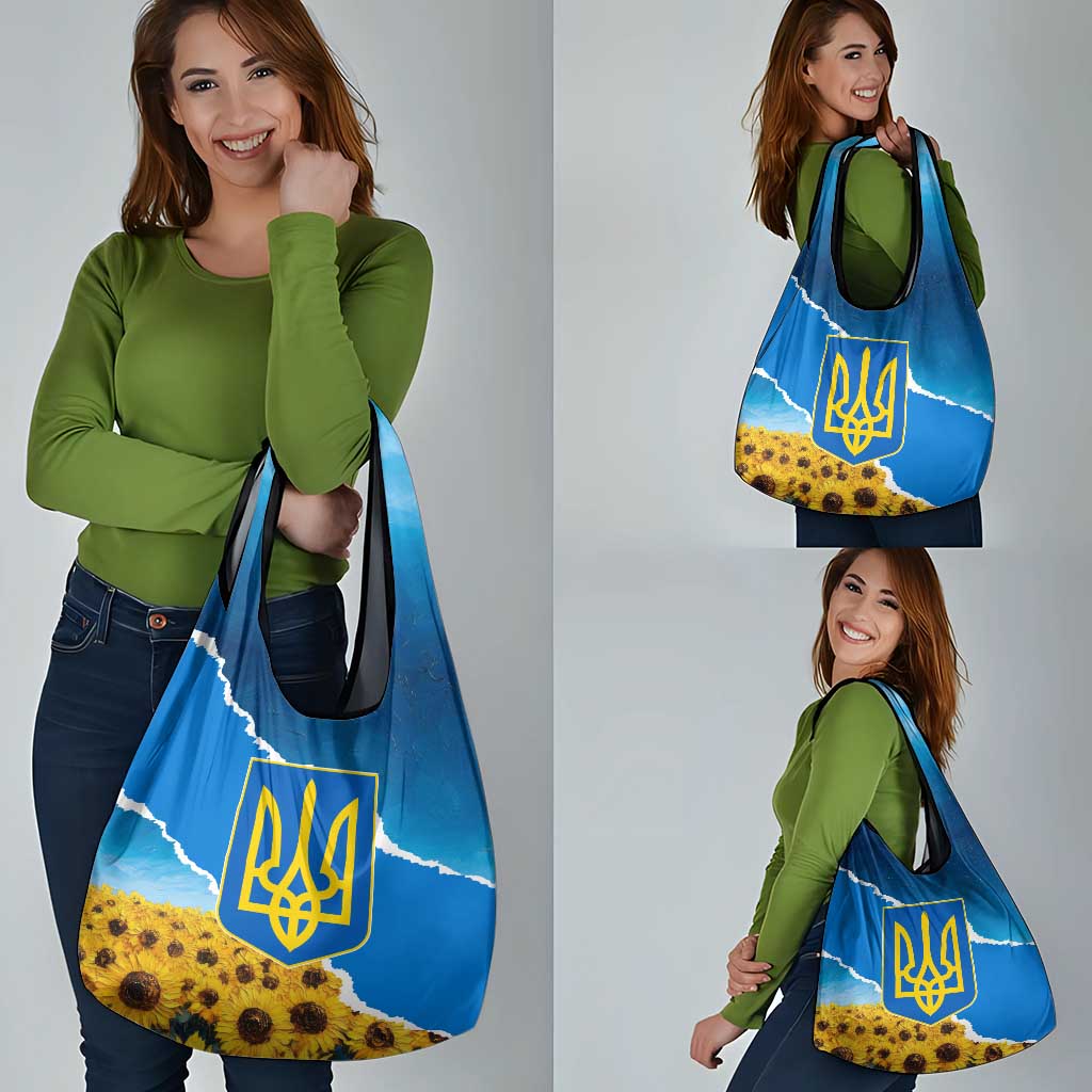 Ukraine Pride Grocery Bag Map, Flag & Tryzub with Sunflower Field Patriotic