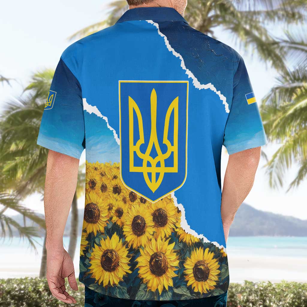Ukraine Pride Hawaiian Shirt Map, Flag & Tryzub with Sunflower Field Patriotic