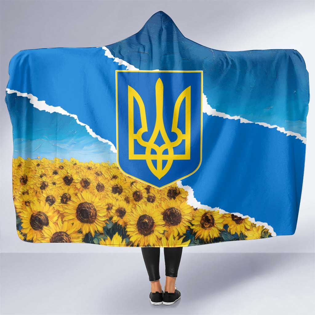 Ukraine Pride Hooded Blanket Map, Flag & Tryzub with Sunflower Field Patriotic