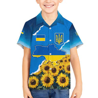 Ukraine Pride Kid Hawaiian Shirt Map, Flag & Tryzub with Sunflower Field Patriotic
