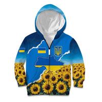 Ukraine Pride Kid Hoodie Map, Flag & Tryzub with Sunflower Field Patriotic