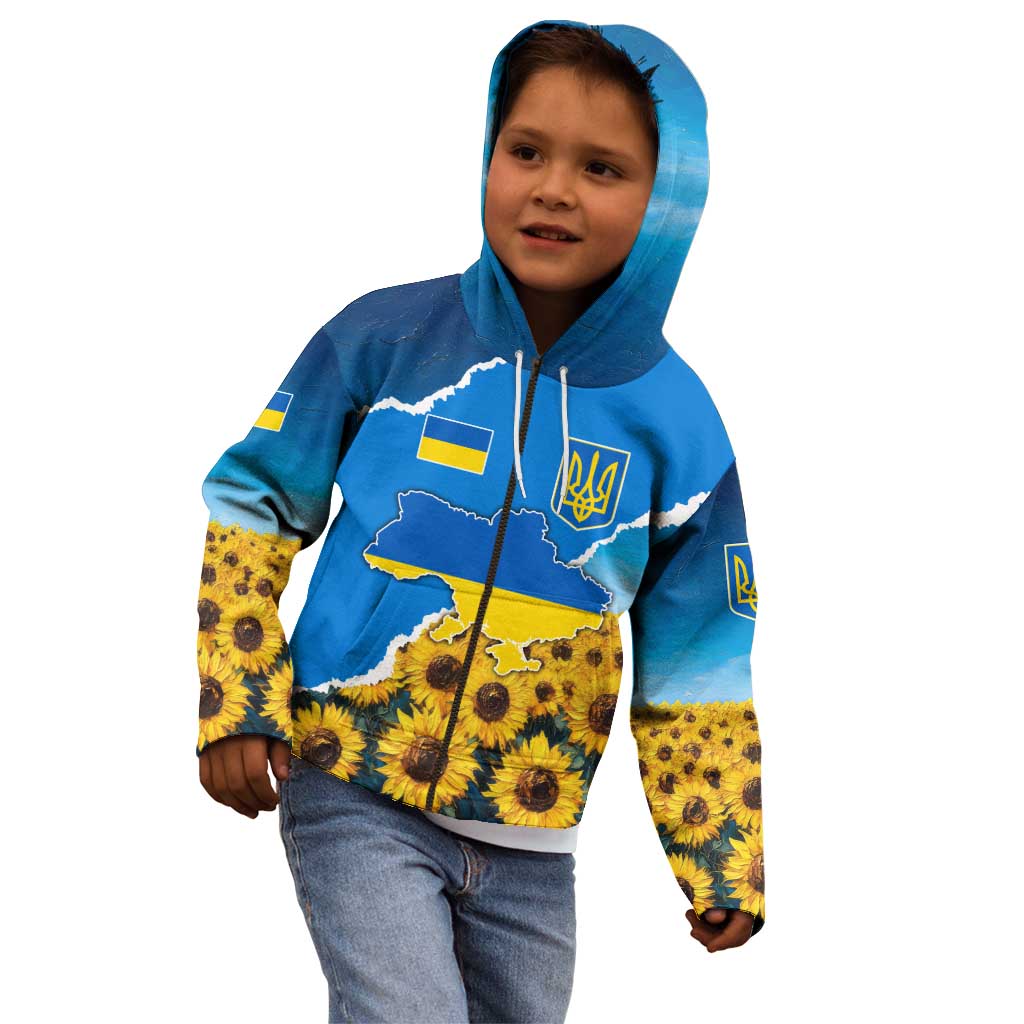 Ukraine Pride Kid Hoodie Map, Flag & Tryzub with Sunflower Field Patriotic