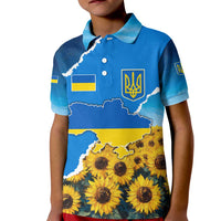 Ukraine Pride Kid Polo Shirt Map, Flag & Tryzub with Sunflower Field Patriotic