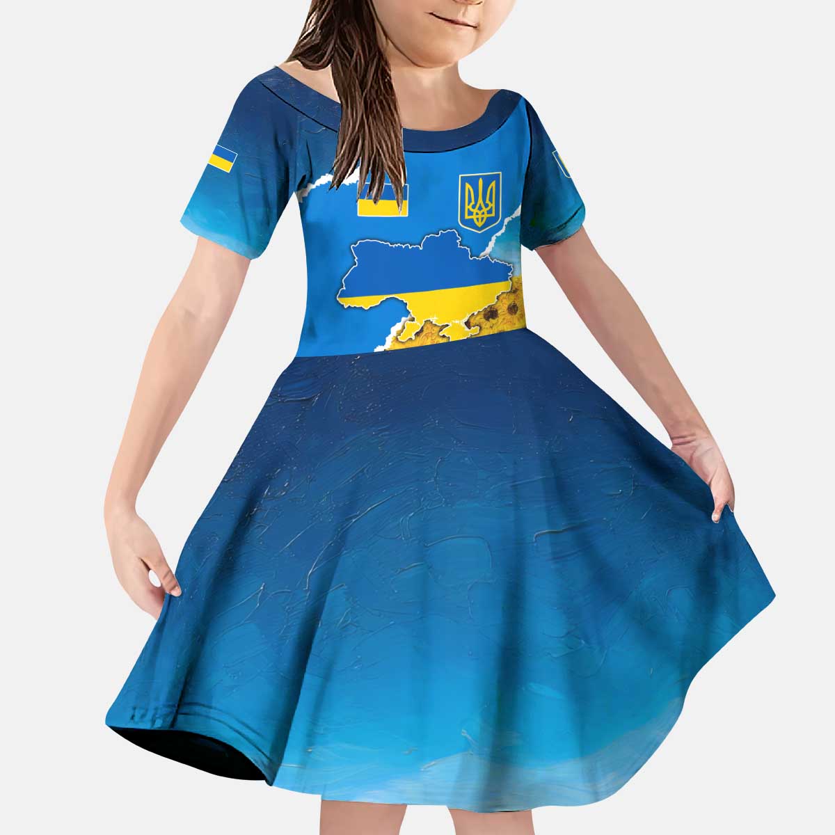 Ukraine Pride Kid Short Sleeve Dress Map, Flag & Tryzub with Sunflower Field Patriotic