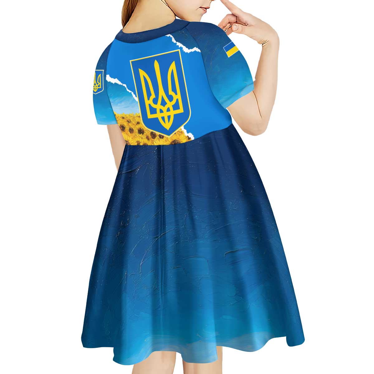 Ukraine Pride Kid Short Sleeve Dress Map, Flag & Tryzub with Sunflower Field Patriotic