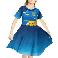 Ukraine Pride Kid Short Sleeve Dress Map, Flag & Tryzub with Sunflower Field Patriotic