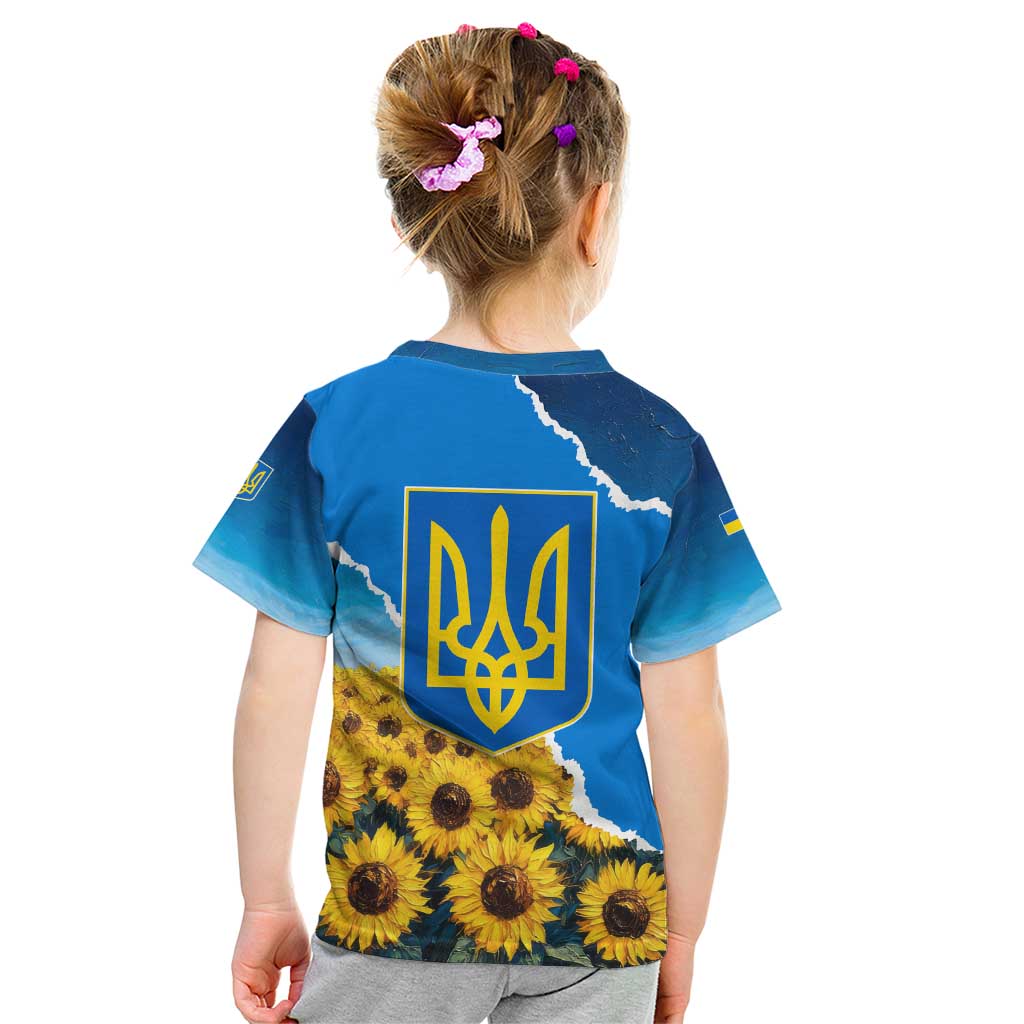 Ukraine Pride Kid T Shirt Map, Flag & Tryzub with Sunflower Field Patriotic