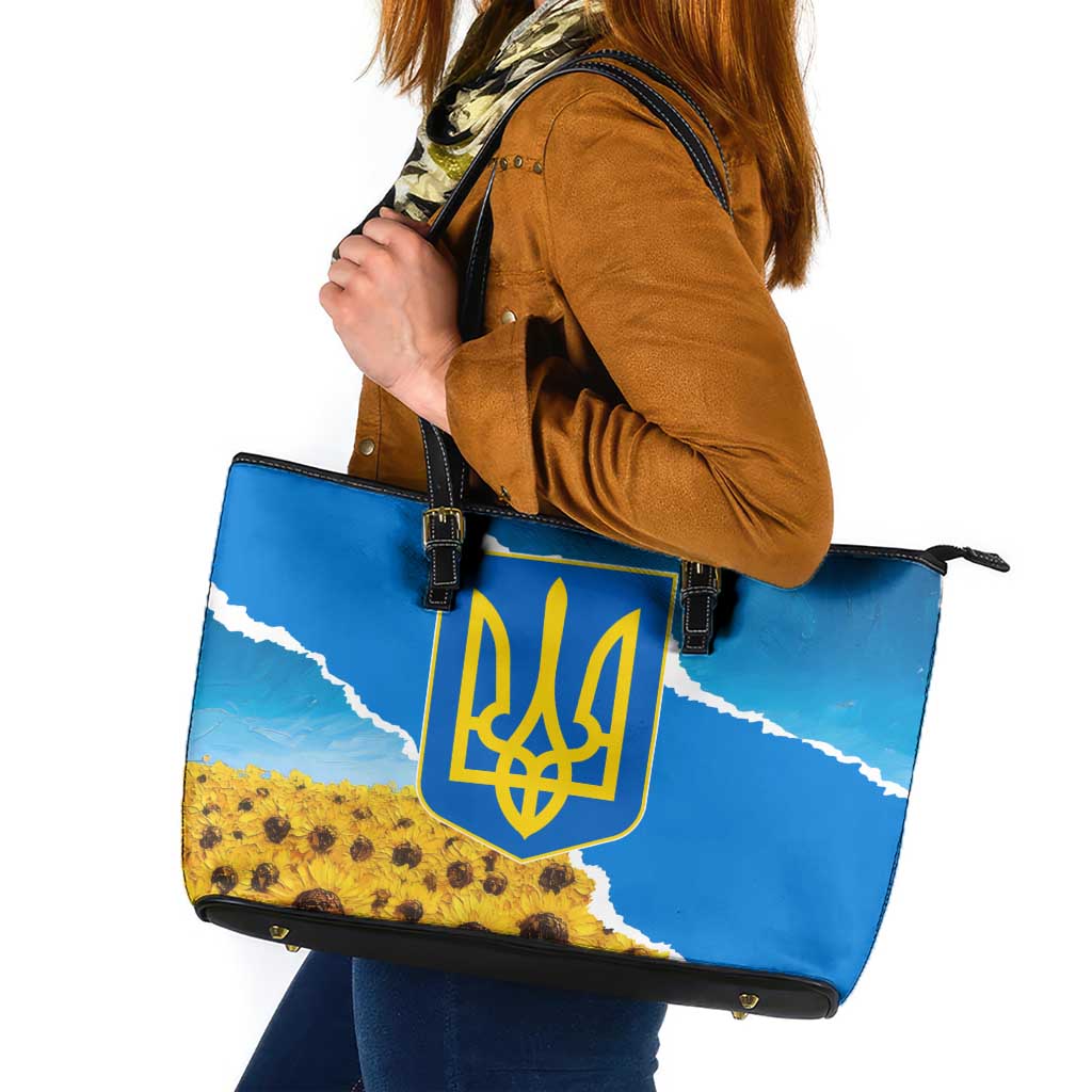Ukraine Pride Leather Tote Bag Map, Flag & Tryzub with Sunflower Field Patriotic