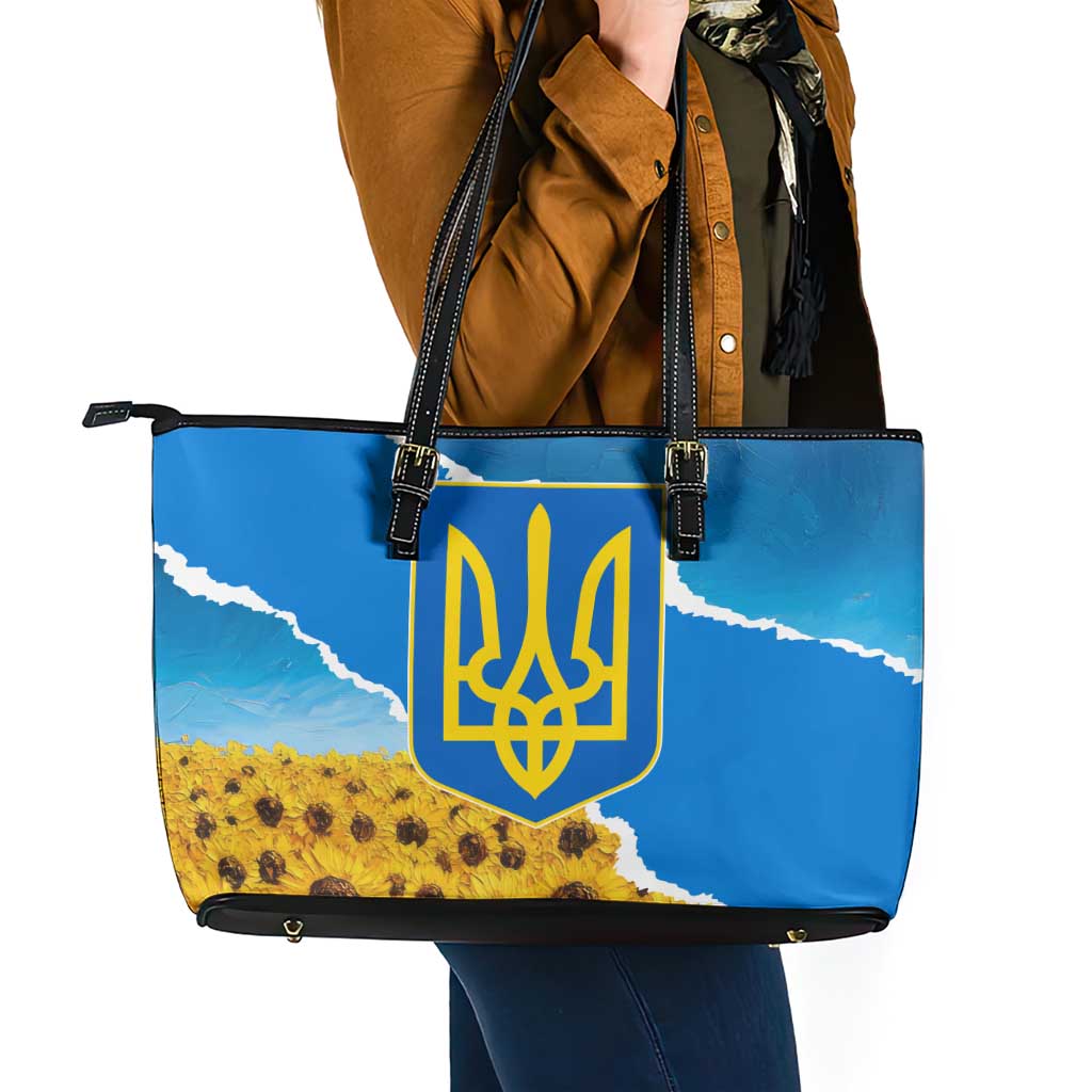 Ukraine Pride Leather Tote Bag Map, Flag & Tryzub with Sunflower Field Patriotic