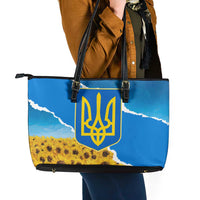Ukraine Pride Leather Tote Bag Map, Flag & Tryzub with Sunflower Field Patriotic