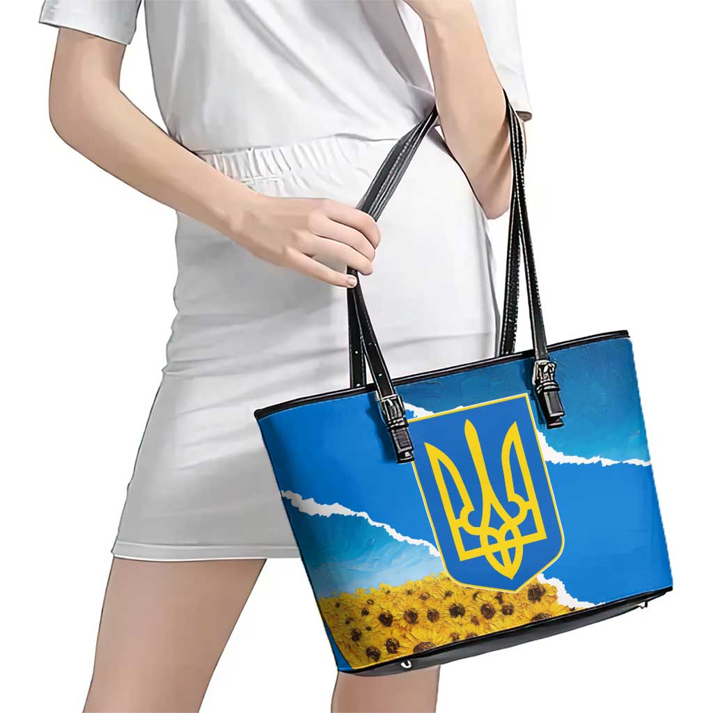 Ukraine Pride Leather Tote Bag Map, Flag & Tryzub with Sunflower Field Patriotic