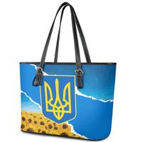Ukraine Pride Leather Tote Bag Map, Flag & Tryzub with Sunflower Field Patriotic