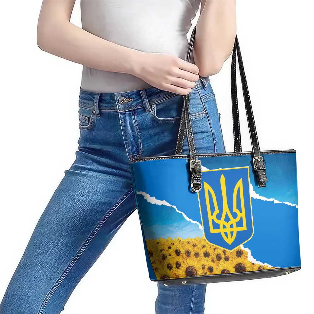Ukraine Pride Leather Tote Bag Map, Flag & Tryzub with Sunflower Field Patriotic