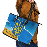 Ukraine Pride Leather Tote Bag Map, Flag & Tryzub with Sunflower Field Patriotic