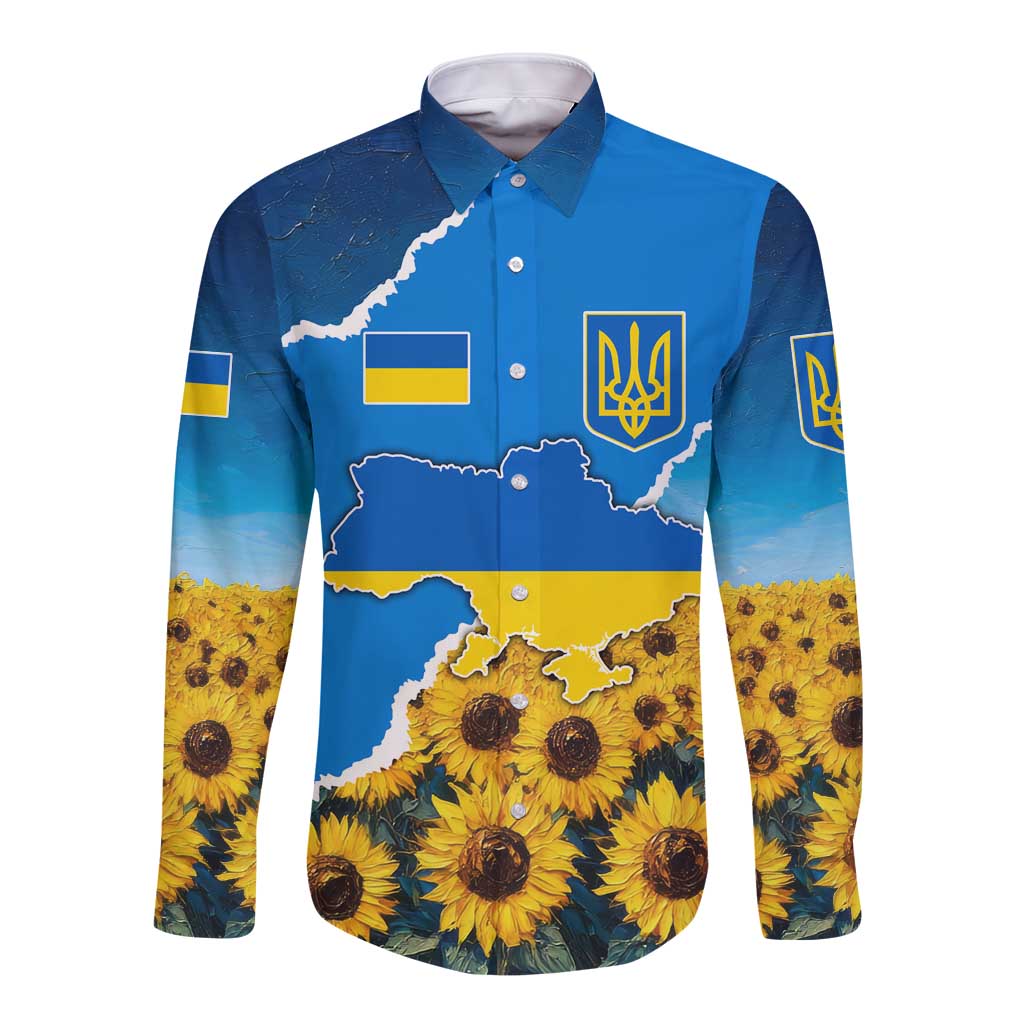 Ukraine Pride Long Sleeve Button Shirt Map, Flag & Tryzub with Sunflower Field Patriotic
