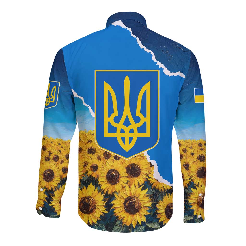 Ukraine Pride Long Sleeve Button Shirt Map, Flag & Tryzub with Sunflower Field Patriotic