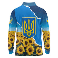 Ukraine Pride Long Sleeve Polo Shirt Map, Flag & Tryzub with Sunflower Field Patriotic
