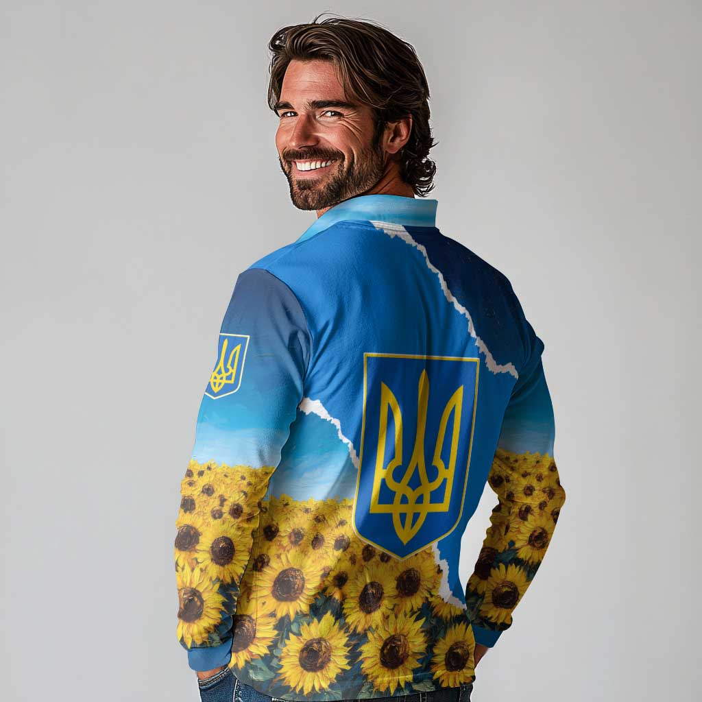 Ukraine Pride Long Sleeve Polo Shirt Map, Flag & Tryzub with Sunflower Field Patriotic