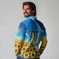 Ukraine Pride Long Sleeve Polo Shirt Map, Flag & Tryzub with Sunflower Field Patriotic